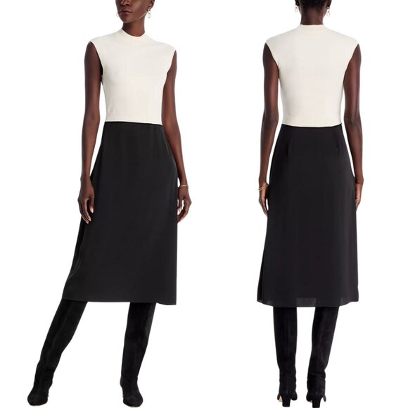 Hugo Boss Ferdola Mixed Media Midi Dress Women's XS Ivory Black Career Chic NWOT - Picture 1 of 16